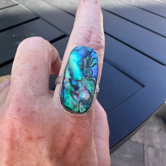 Abalone Shell Sterling Silver Plated Ring – Size 13 Statement Jewelry - Picture 9 of 11